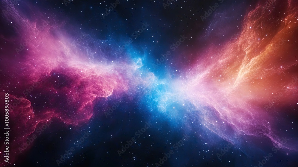 Fototapeta premium A vibrant cosmic scene showcasing swirling nebulae in shades of blue, pink, and orange against a dark space background.