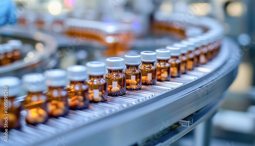 Pharmaceutical industry conveyor belt carrying bottles full of pills