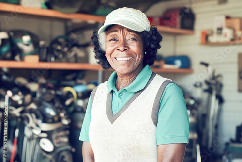 Elderly woman in golfing attire smiling in a garage full of golf equipment, symbolizing passion for the sport. 