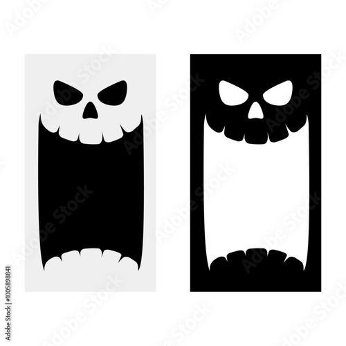 Banner vertical con calavera de esqueleto alegre con boca grande abierta para tarjetas y felicitaciones de Halloween