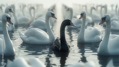 Fototapeta Naklejka Na Ścianę i Meble -  A lonely black swan inside fifty white swans standing in the middle of them on a calm lake.