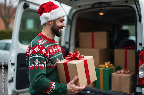 Christmas gift delivery man carrying presents from a van