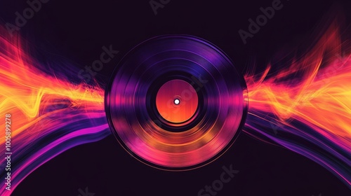 Spinning vinyl record with bright light waves on a dark background.