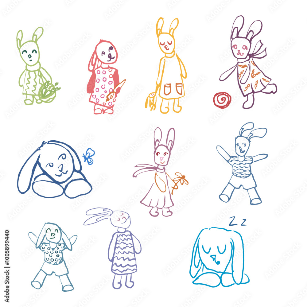 Set of stylisch colorful bunny’s, hand drawn and cute. Set of stylisch colorful bunny’s, hand drawn and cute.
