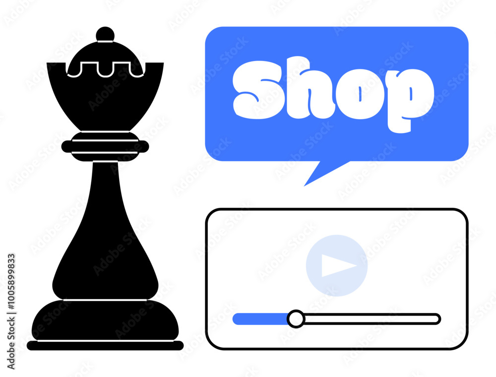 Black queen chess piece with a blue speech bubble displaying the word Shop next to a video player interface. Ideal for online shopping, e-commerce, chess tutorials, marketing, technology. Minimalist Black queen chess piece with a blue speech bubble displaying the word Shop next to a video player interface. Ideal for online shopping, e-commerce, chess tutorials, marketing, technology. Minimalist