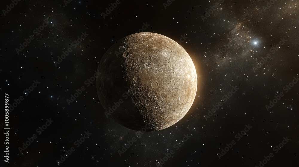 Mercury orbit around the Sun, with the small, rocky planet glowing faintly against the blackness of space Mercury orbit around the Sun, with the small, rocky planet glowing faintly against the blackness of space