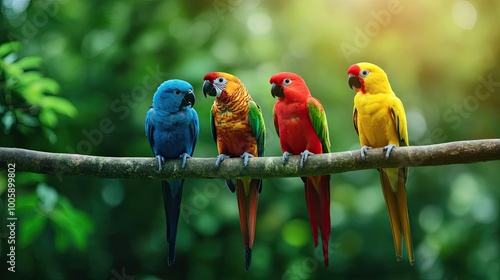 A vibrant group of colorful parrots perched on a branch in a lush green environment, showcasing their stunning plumage.