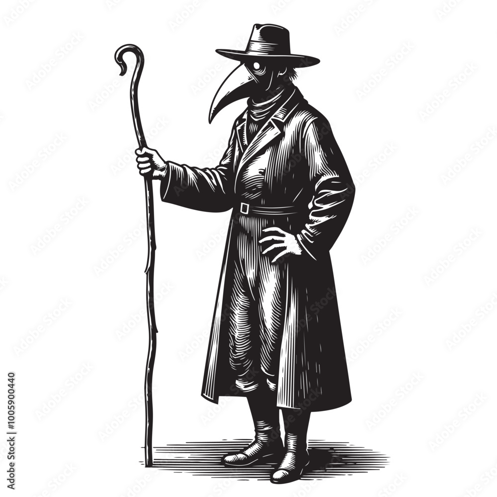 Fototapeta premium Vector Illustration of a black and white drawing of a plague doctor