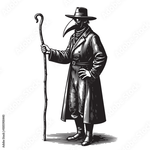 Vector Illustration of  a black and white drawing of a plague doctor