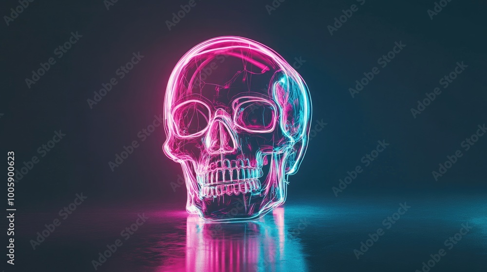 A vibrant neon skull with striking pink and blue lighting against a dark background, perfect for art and Halloween themes. A vibrant neon skull with striking pink and blue lighting against a dark background, perfect for art and Halloween themes.