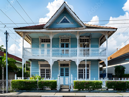 Historic Surinamese buildings with Dutch colonial architecture in Paramaribo, showcasing vibrant cultural heritage. photo