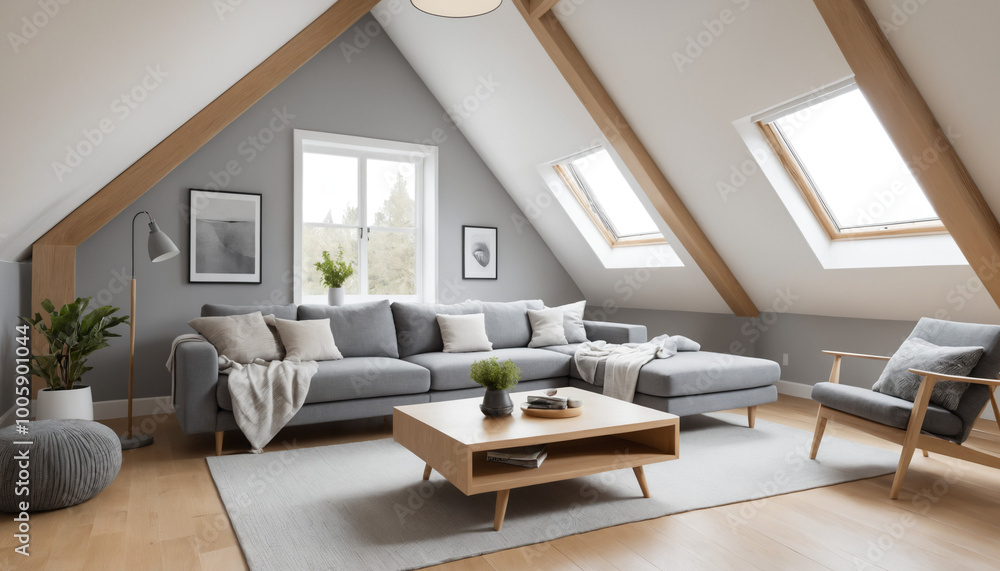 Fototapeta premium Cozy Grey Attic Living Room with Minimalist Sofa.