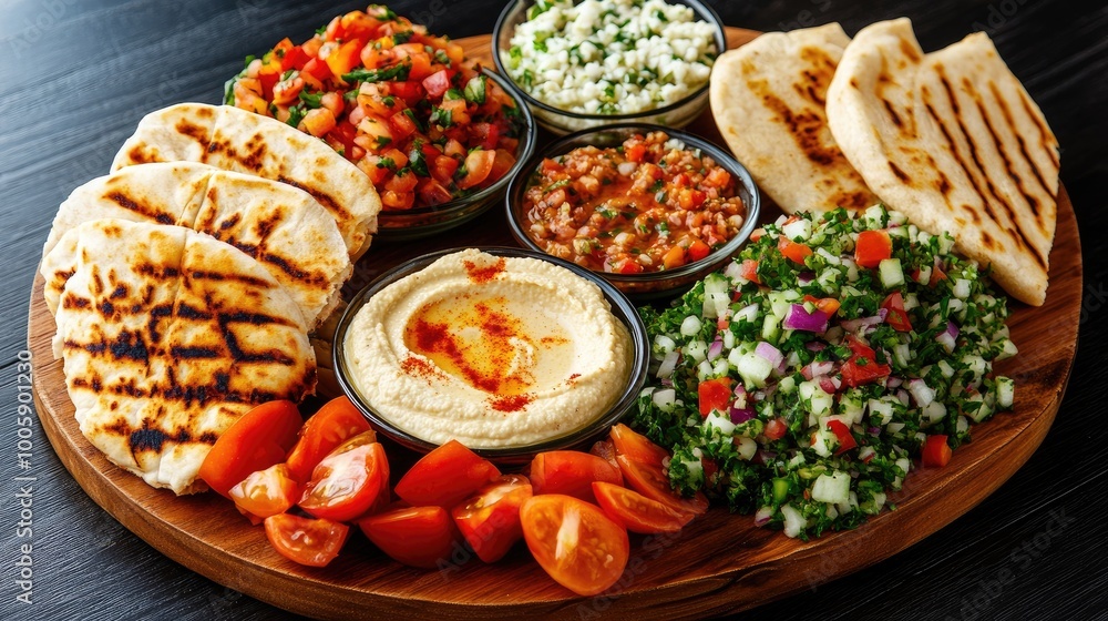 A vibrant platter featuring grilled chicken, hummus, fresh salads, and assorted dips, perfect for a delicious Mediterranean feast. A vibrant platter featuring grilled chicken, hummus, fresh salads, and assorted dips, perfect for a delicious Mediterranean feast.