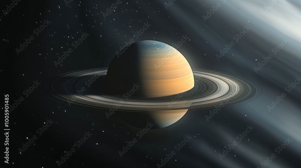 Saturn floating in the darkness of space, surrounded by its majestic rings and the planet soft, pastel-colored cloud bands Saturn floating in the darkness of space, surrounded by its majestic rings and the planet soft, pastel-colored cloud bands