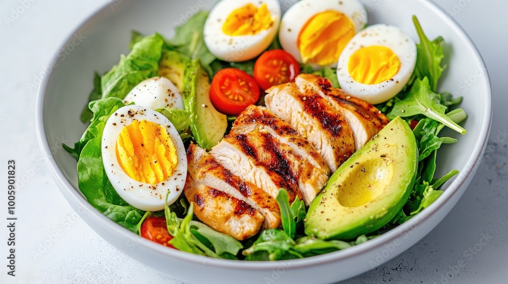 A vibrant salad featuring grilled chicken, boiled eggs, cherry tomatoes, and avocado, perfect for a healthy meal. A vibrant salad featuring grilled chicken, boiled eggs, cherry tomatoes, and avocado, perfect for a healthy meal.