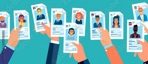 Human resources agency. Select candidates, headhunter job, recruiting company. HR recruiters analyze candidates, search new people for job opportunity.	
