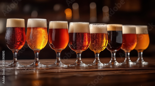 Set of different types of beer in glasses on wooden table