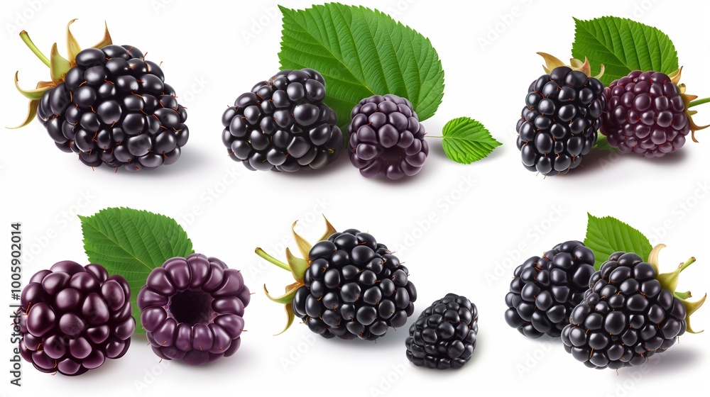 Collection of black berries with leaves. The berries are ripe and ready to eat. The leaves are green and fresh Collection of black berries with leaves. The berries are ripe and ready to eat. The leaves are green and fresh