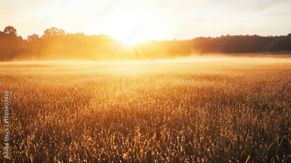 Sunrise over a foggy field, with golden light breaking through the mist and illuminating the morning dew Sunrise over a foggy field, with golden light breaking through the mist and illuminating the morning dew