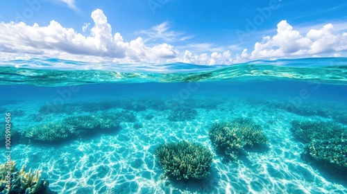 A vibrant underwater scene showcasing clear turquoise water and colorful coral formations beneath the sunlit surface.