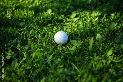 A pristine golf ball sits upon a vibrant green turf area photo