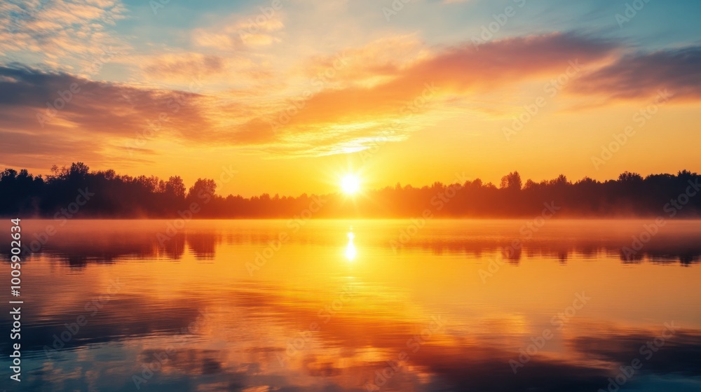 Sunrise over a peaceful lake, with the Sun reflection shimmering on the still water surface