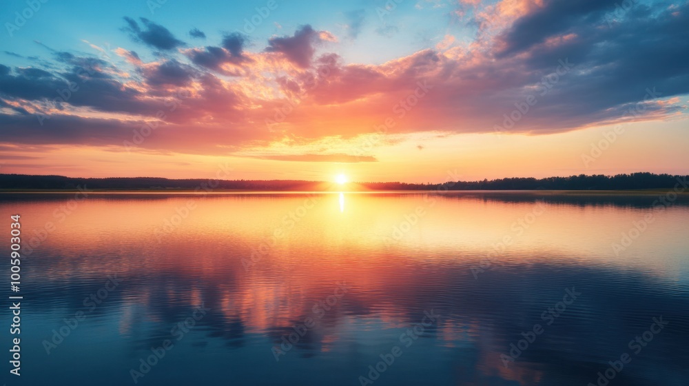 Sunset over a calm lake, with the Sun sinking below the horizon and casting colorful reflections on the water Sunset over a calm lake, with the Sun sinking below the horizon and casting colorful reflections on the water