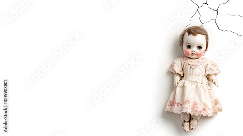 A vintage porcelain doll with cracks, dressed in a delicate pink dress, evoking a sense of nostalgia and eerie charm.