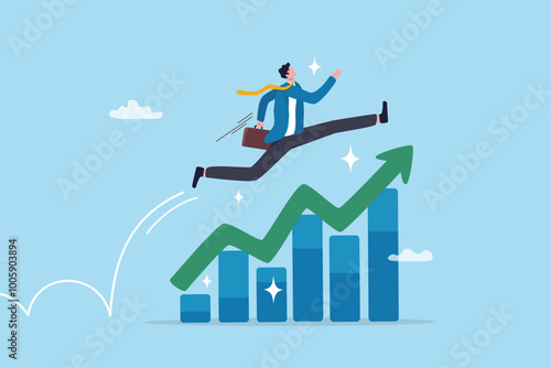 Leap forward, business change or transform to success winning, jump high challenge or progress to achievement, courage to move forward concept, businessman leap forward jump over growth rising graph.