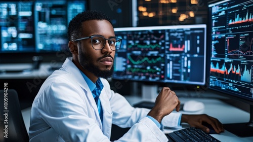 Portrait of a researcher analyzing data on a computer screen, thoughtful and focused, surrounded by research papers and charts