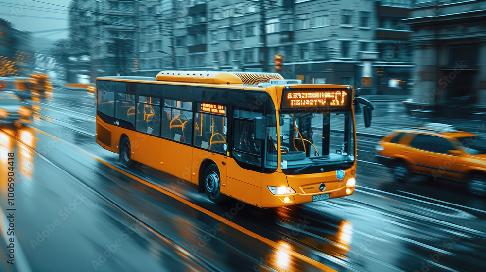 A yellow bus driving on a city street. A yellow bus driving on a city street.