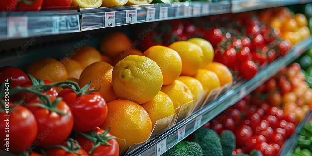 Close-up of a shelf with vegetables and fruits in a supermarket Close-up of a shelf with vegetables and fruits in a supermarket