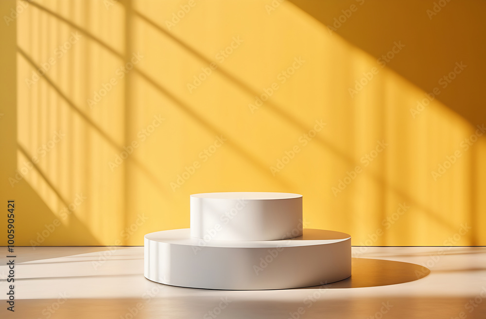 A round white podium on an abstract pastel yellow background. Geometric empty scene for the product presentation. Shadows on the wall. Showcase, display case. A round white podium on an abstract pastel yellow background. Geometric empty scene for the product presentation. Shadows on the wall. Showcase, display case.