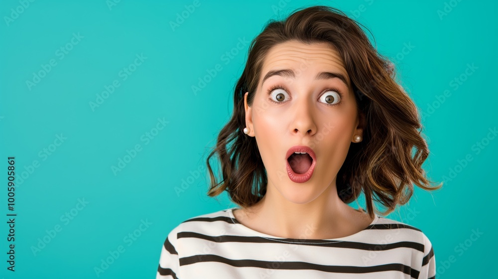 Woman with a surprised expression on her face. She is wearing a striped shirt and has her hair in a ponytail Woman with a surprised expression on her face. She is wearing a striped shirt and has her hair in a ponytail