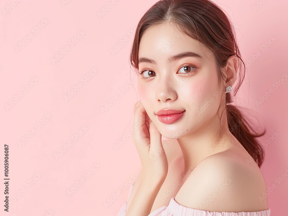 A young woman with gentle makeup and soft features poses against a pastel pink background, radiating beauty and confidence. A young woman with gentle makeup and soft features poses against a pastel pink background, radiating beauty and confidence.