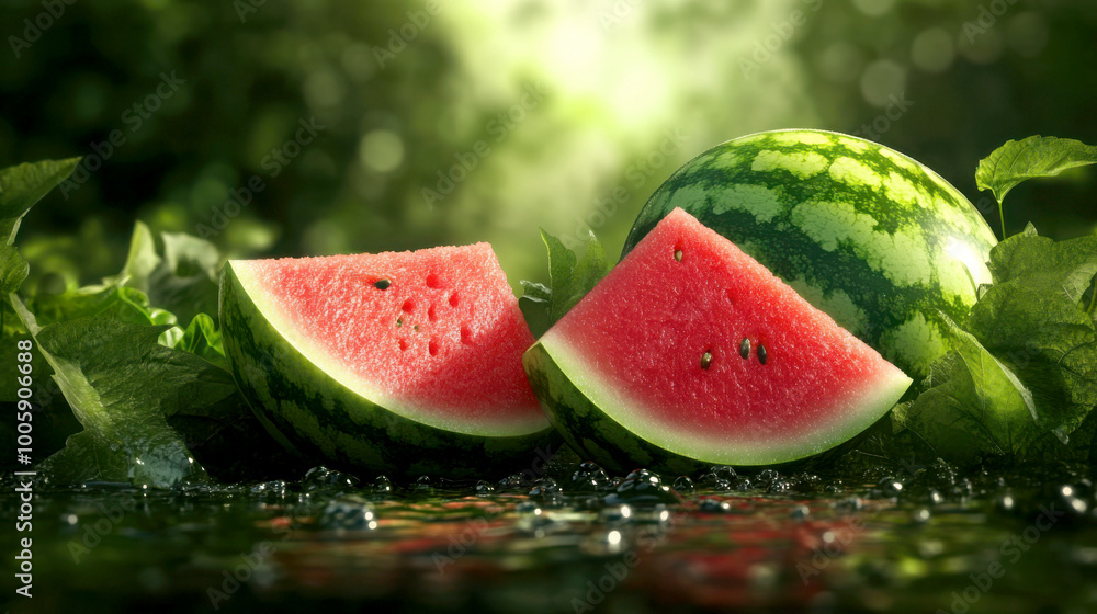 Fresh watermelon slices with green leaves Fresh watermelon slices with green leaves
