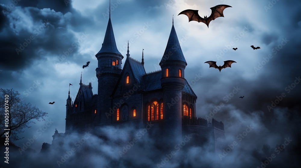 A dark and eerie vampire castle at night surrounded by flying bats, set ...