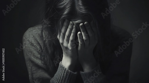 A woman with long hair sits in a dark room, hands covering her face in a pose of sadness.