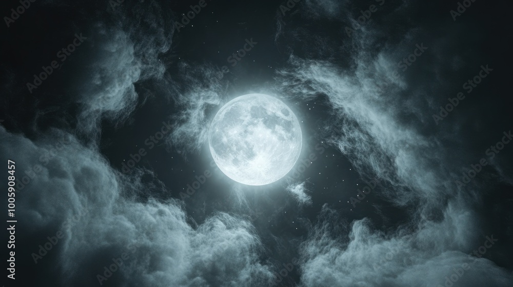 The Moon surrounded by wispy clouds, glowing softly in the night sky, creating a dreamlike and serene atmosphere The Moon surrounded by wispy clouds, glowing softly in the night sky, creating a dreamlike and serene atmosphere