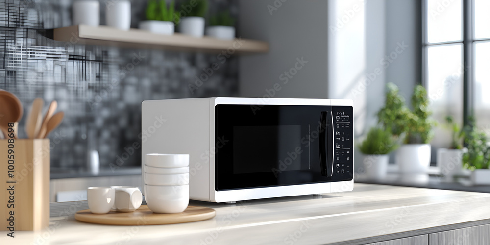 Modern Microwave Oven on Kitchen Counter Modern Microwave Oven on Kitchen Counter