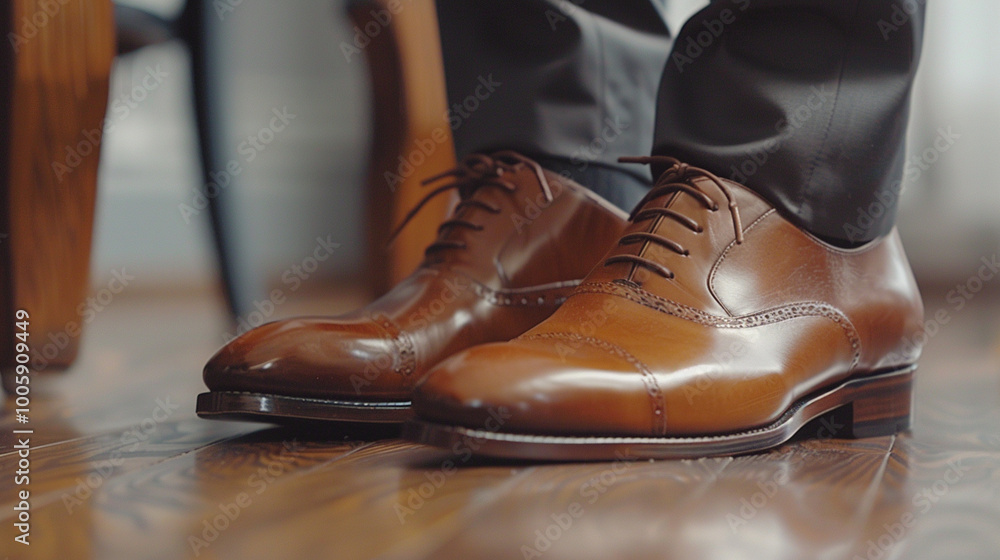 A close shot of a manâs polished leather shoes with neatly tied laces, reflecting elegance and attention to detail. A close shot of a manâs polished leather shoes with neatly tied laces, reflecting elegance and attention to detail.