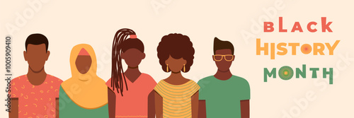Horizontal banner Black History Month. Poster design with black men and women. Vector faceless illustration.