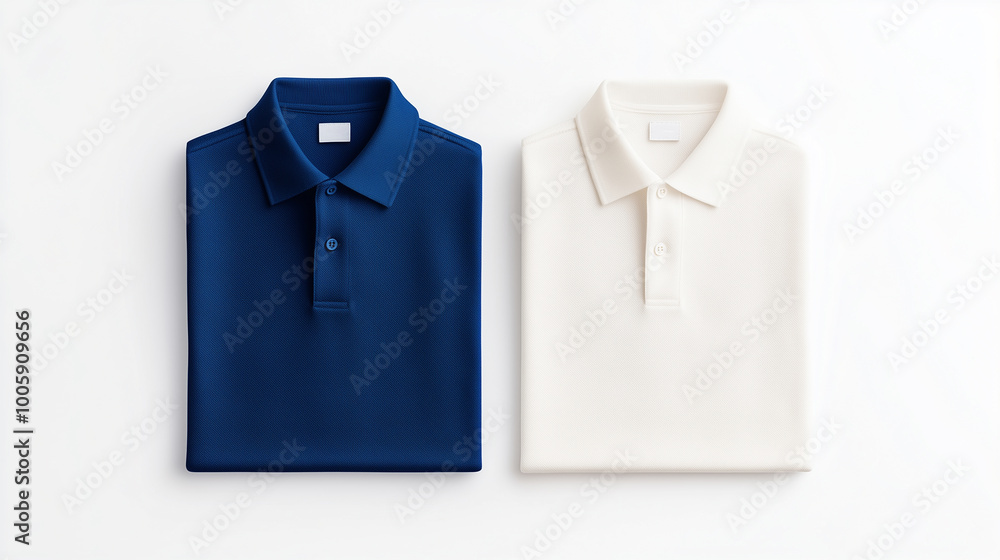 Stylish polo shirts in navy blue and white colors, neatly folded on light background, perfect for casual or semi formal occasions. Stylish polo shirts in navy blue and white colors, neatly folded on light background, perfect for casual or semi formal occasions.
