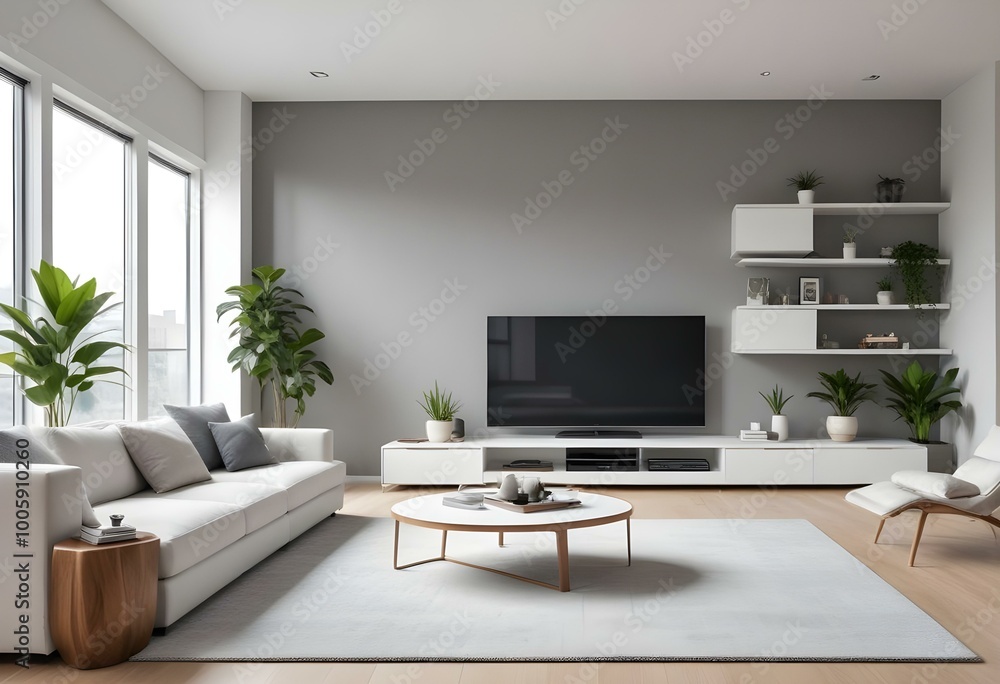 A modern living room with a large white sectional sofa, a minimalist TV stand, and a potted plant on the floor. The room has large windows and a gray accent wall with shelves and decor A modern living room with a large white sectional sofa, a minimalist TV stand, and a potted plant on the floor. The room has large windows and a gray accent wall with shelves and decor