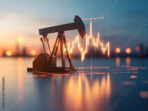 An oil pump jack against a blurred sunset, with a glowing stock chart, symbolizing energy production and market dynamics. photo