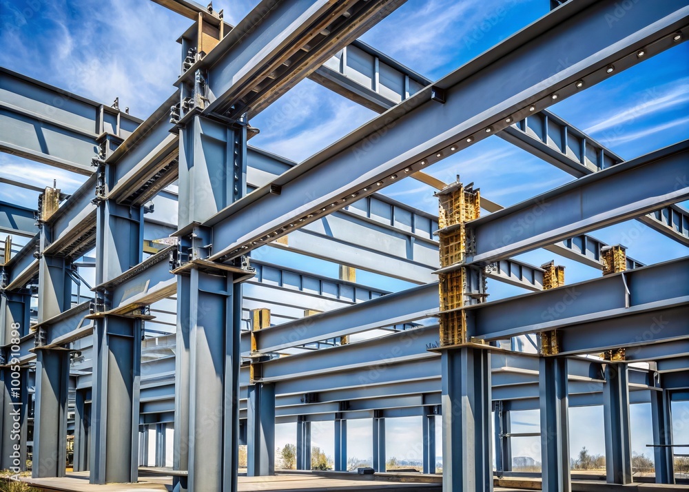 Close Up of Steel Beam Supports in Front View for Industrial Construction, Architecture, and Structural Engineering Close Up of Steel Beam Supports in Front View for Industrial Construction, Architecture, and Structural Engineering