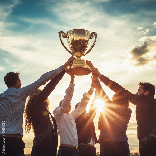 Business team raises giant trophy to celebrate goal achievement 