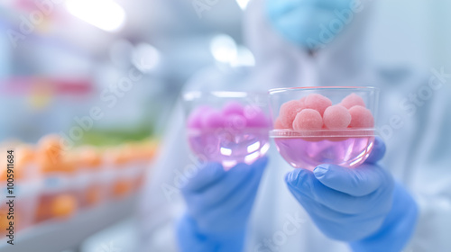 A researcher in protective clothing is holding two glass containers filled with pink and white spherical substances, showcasing a scientific experiment in the lab