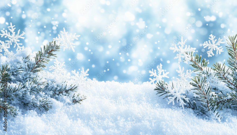 Snowflakes falling on pine tree branches covered in snow Snowflakes falling on pine tree branches covered in snow