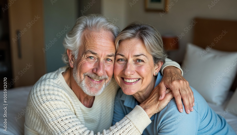 Portrait, bedroom and old couple with smile, hug and bonding together with anniversary, care and home. Face, senior man and mature woman with embrace Portrait, bedroom and old couple with smile, hug and bonding together with anniversary, care and home. Face, senior man and mature woman with embrace